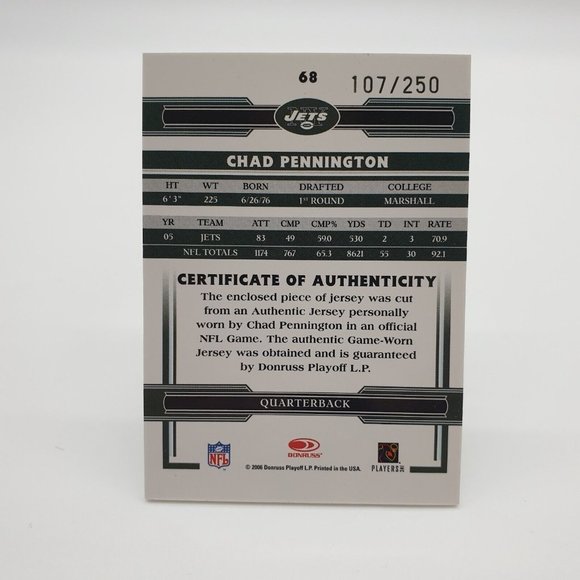 2006 Donruss Threads Jerseys 107 of 250 Chad Pennington 68 Football Collector - Picture 2 of 2